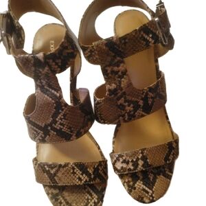 Express snakeskin block heel sandals in very goExpress Brown Snake Print Sandals